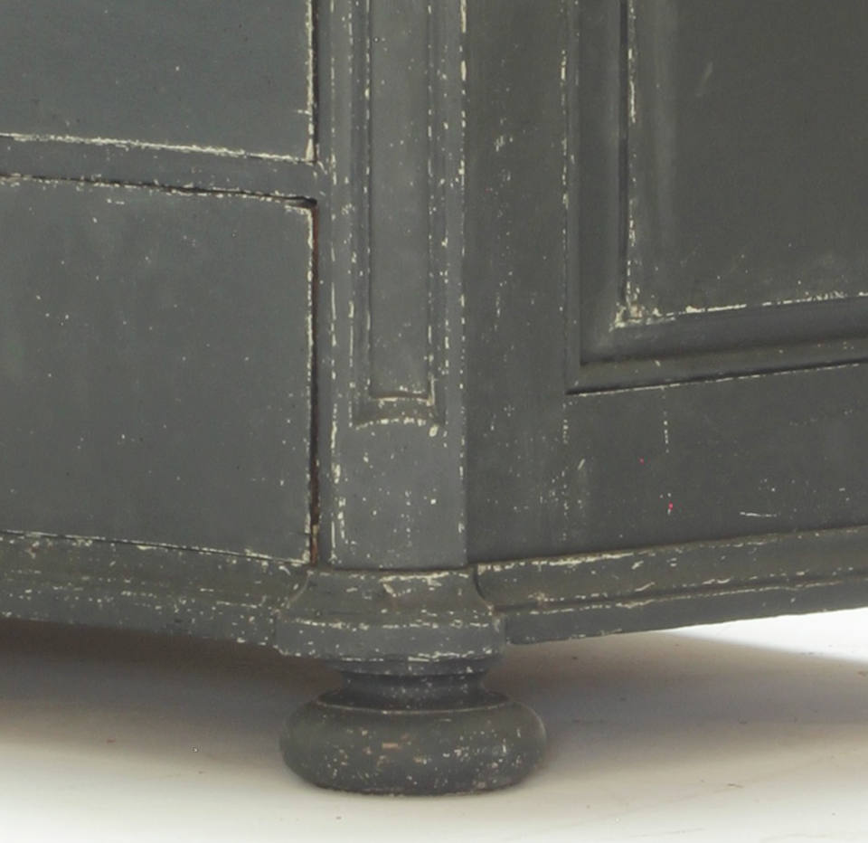 18c French serpentine commode in oak painted finish original hardware bun feet