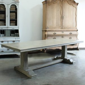 Large bespoke trestle table in pine with moulded sides sculpted foot