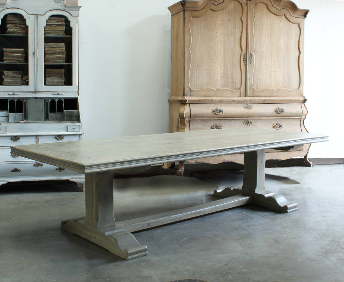 Large bespoke trestle table in pine with moulded sides sculpted foot